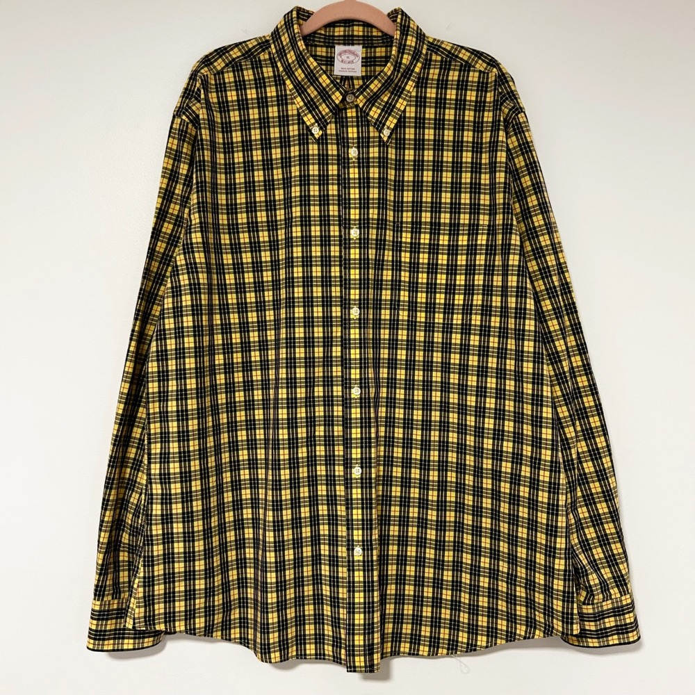 Brooks Brothers Button Down Shirt Men's XL Yellow Black Plaid Cotton Long Sleeve